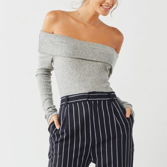 Out From Under Gray Ribbed Knit Long Sleeve Off the Shoulder Bodysuit - Picture 7 of 7